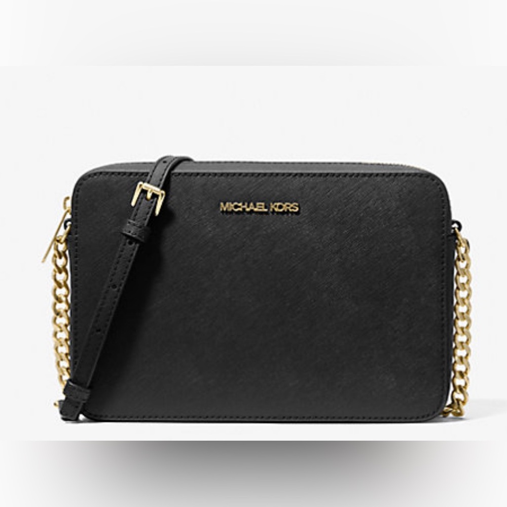 NEW✨MICHAEL Michael Kors Jet Set Black Saffiano Leather Crossbody Bag Gold Chain